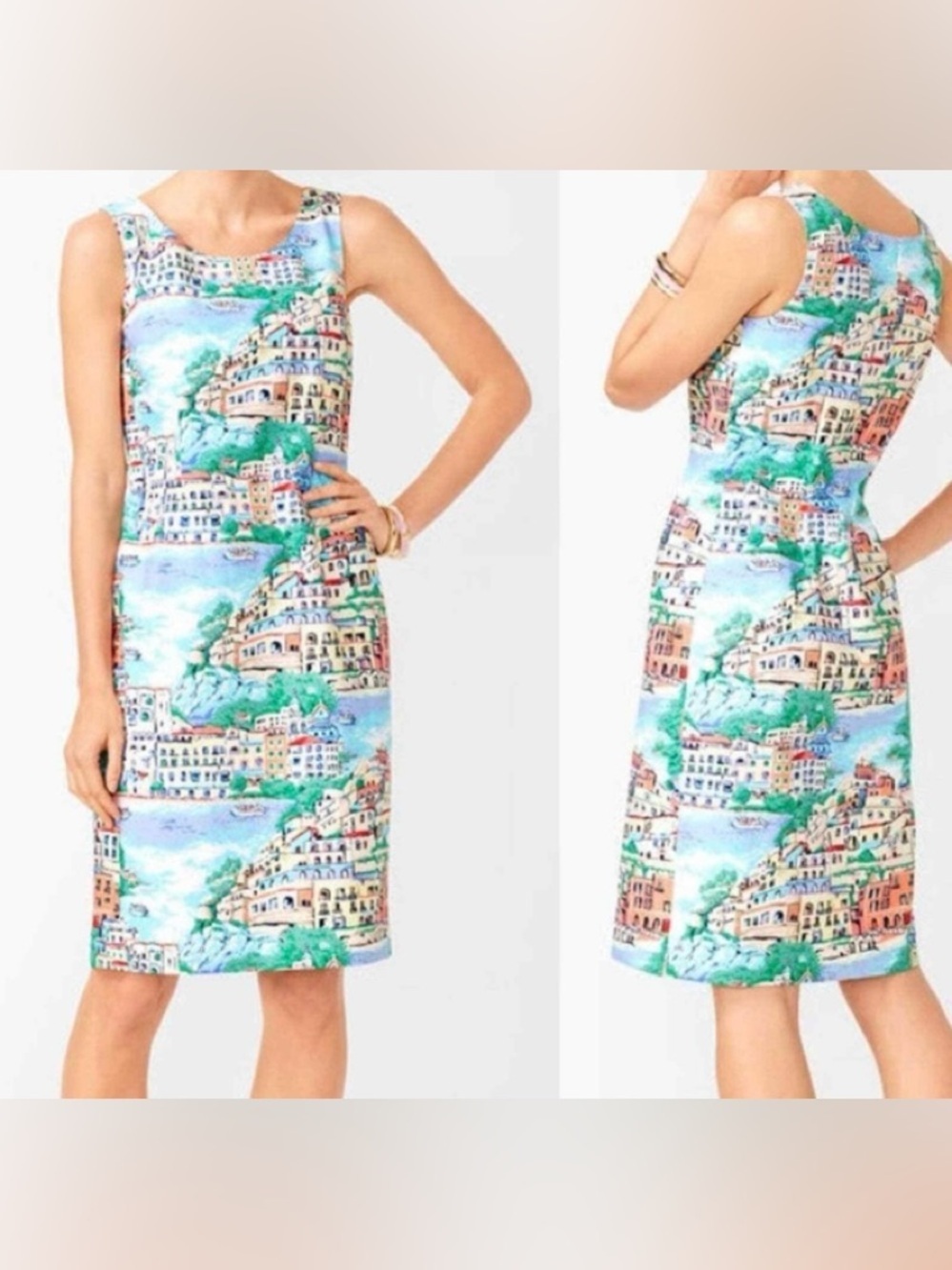 Talbots Scenic Village Shift Dress Women SZ 8P Coastal Chic Mediterranean Brunch